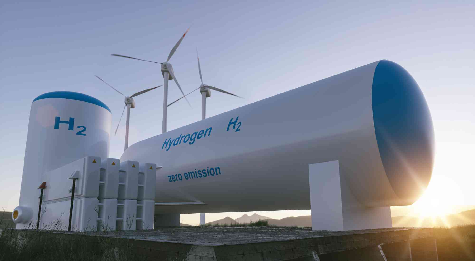 Hydrogen renewable energy production - hydrogen gas for clean electricity solar and windturbine facility. 3d rendering.