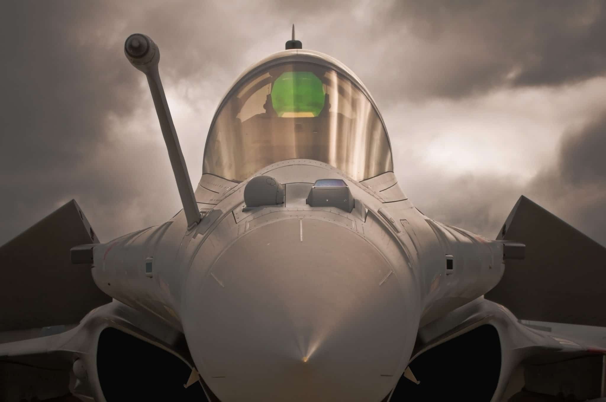 close symmetrical front view of the french air fighter rafale